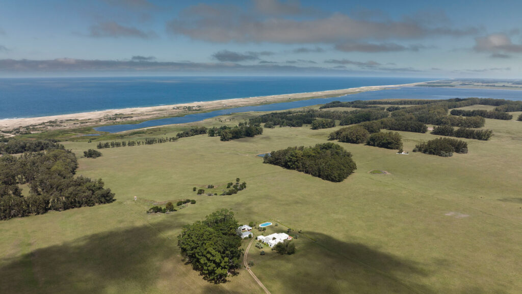 Drone shot of Estancia San José between the ocean and Rocha lagoon.
