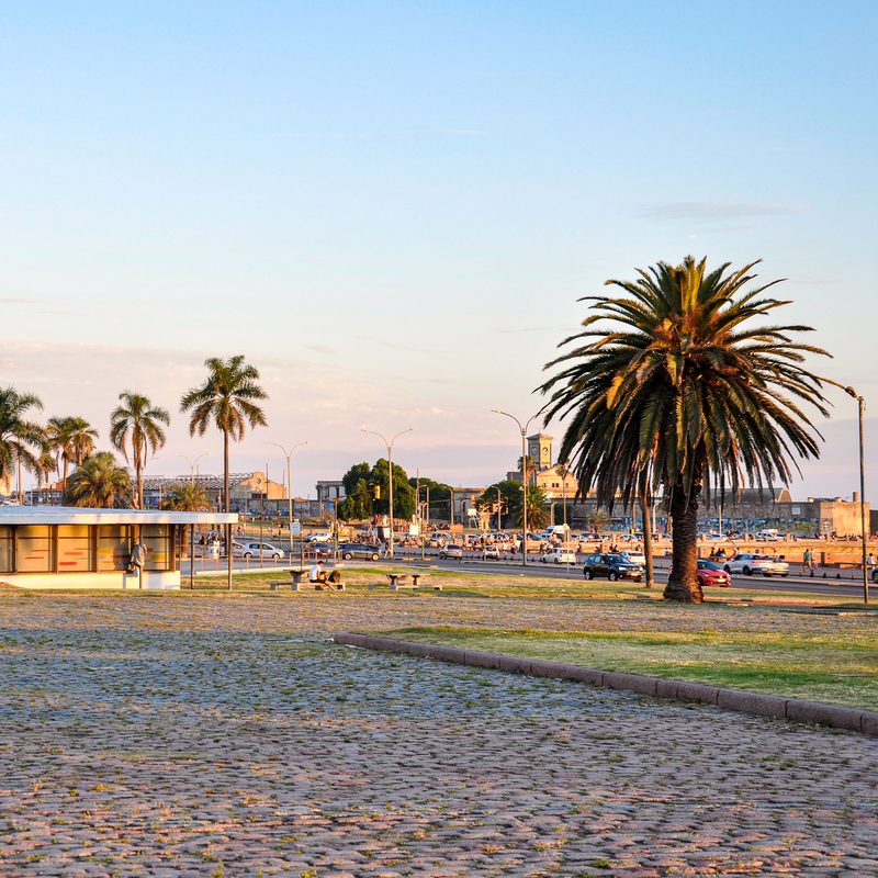 Montevideo's waterfront promenade at sunset, with palm trees, a low pavilion and buildings in the background.