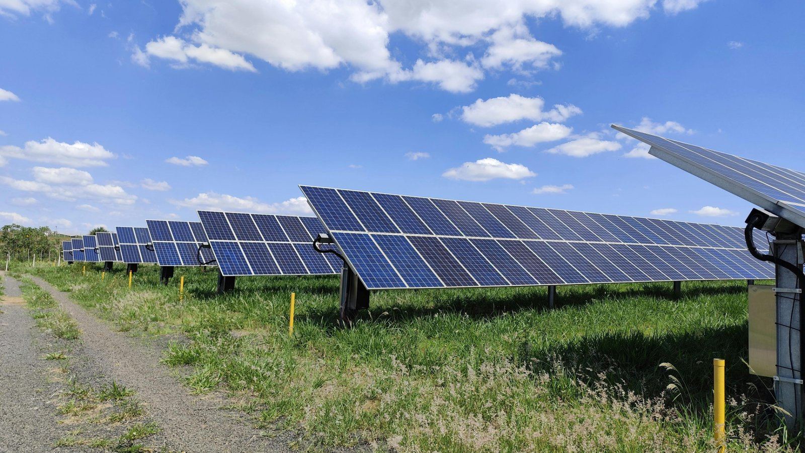 Fileiras de painéis solares em um campo plano com grama, sob um céu com nuvens