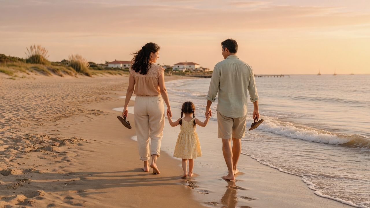 Family walking along the seashore at sunset